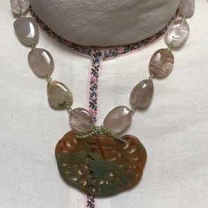 Quartz necklace, bracelet, & earrings, accented w/ jade pendant & glass beads